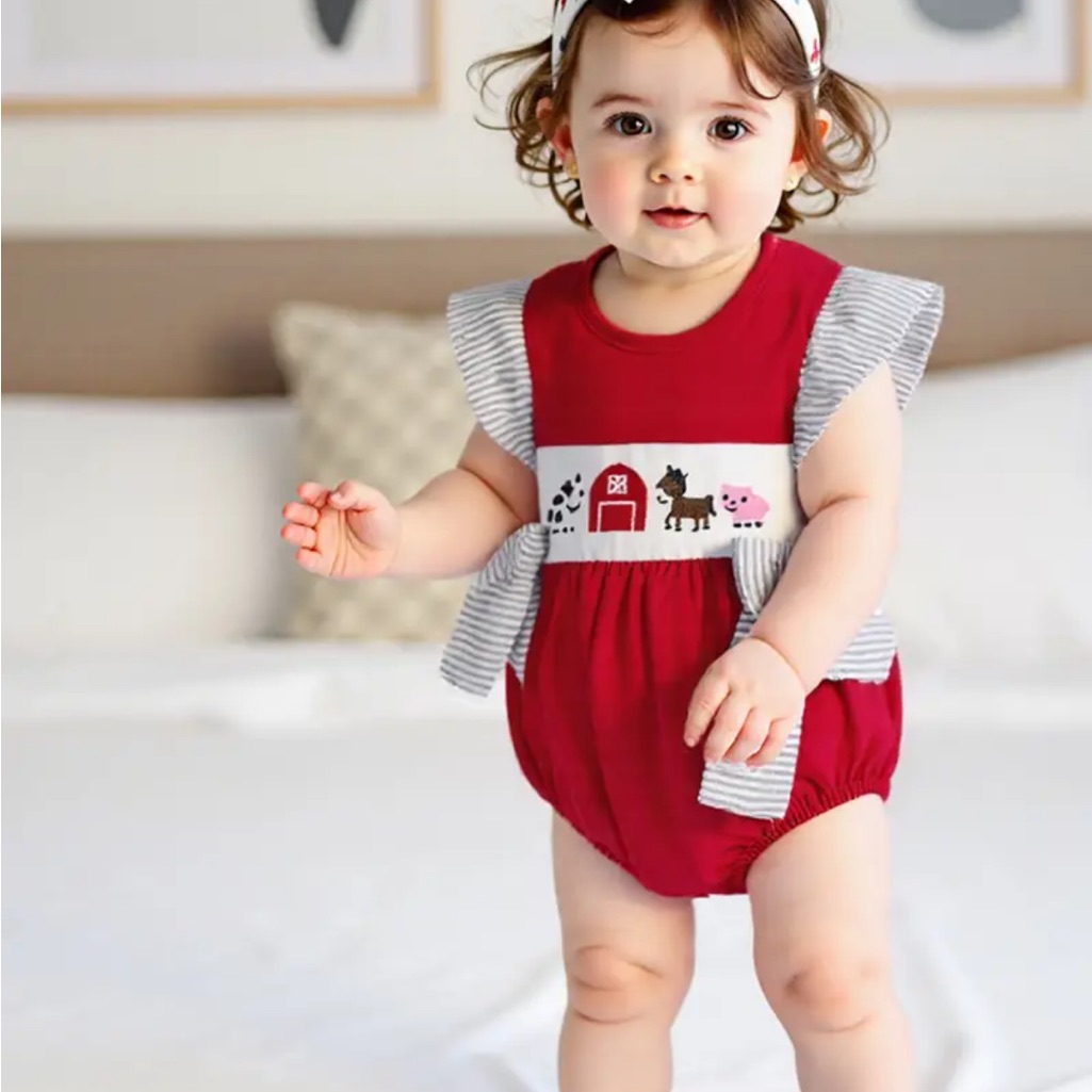 Red Baby Bubble Romper Ruffle Smocked Farm Animal Embroidered Bow 3-6 Month